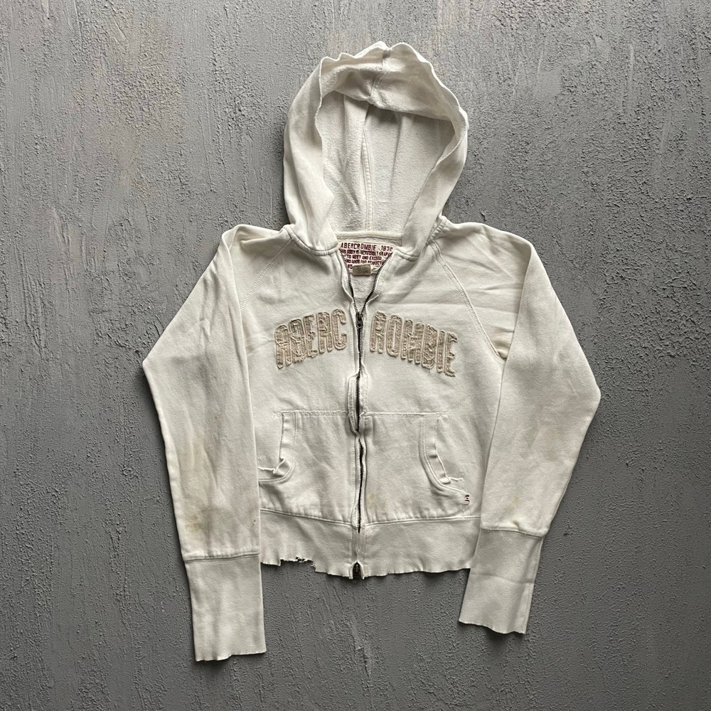 Vintage Abercrombie Distressed Logo Zip Up Hoodie Womens Large White 2000s